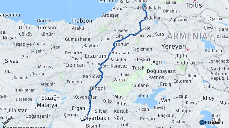 Ardahan Posof Diyarbakır Arası Kaç Km - Yol Haritası