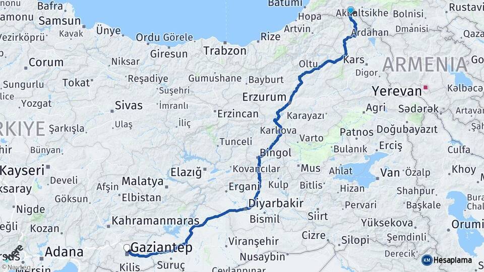 Ardahan Posof Gaziantep Arası Kaç Km - Yol Haritası