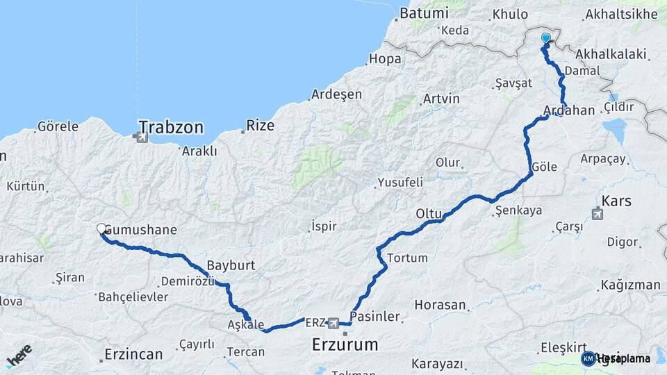 Ardahan Posof Gümüşhane Arası Kaç Km - Yol Haritası