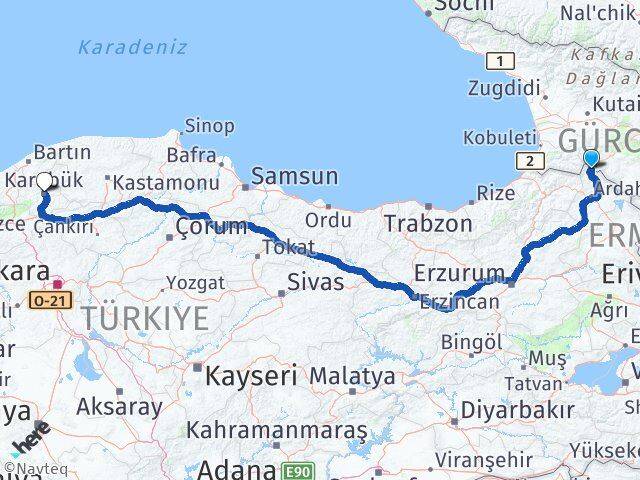 Ardahan Posof Karabük Arası Kaç Km - Yol Haritası