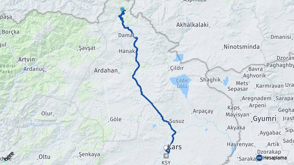 Ardahan Posof Kars Harakani Havalimanı Arası Kaç Km - Yol Haritası