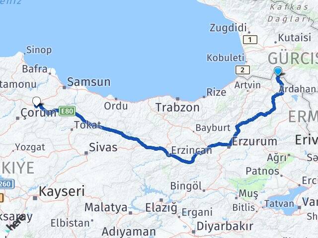 Ardahan Posof Merzifon Havalimanı Arası Kaç Km - Yol Haritası