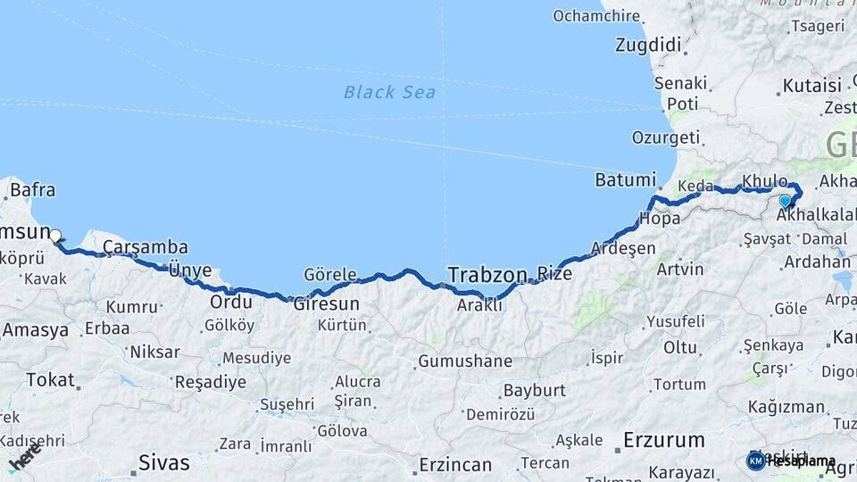 Ardahan Posof Samsun Arası Kaç Km - Yol Haritası