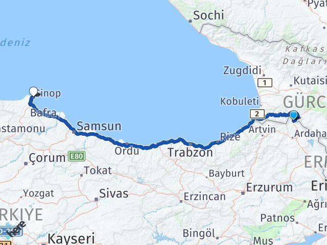 Ardahan Posof Sinop Arası Kaç Km - Yol Haritası