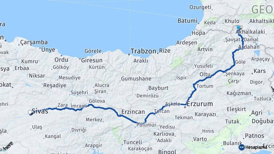 Ardahan Posof Sivas Arası Kaç Km - Yol Haritası