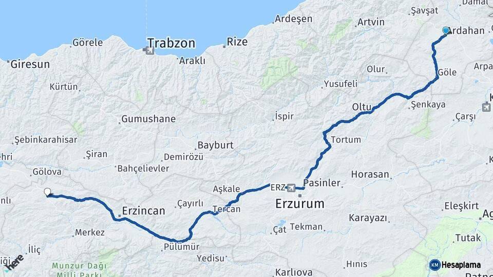 Ardahan Refahiye Erzincan Arası Kaç Km - Yol Haritası