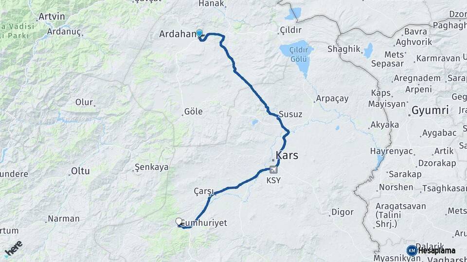 Ardahan Sarıkamış Kars Arası Kaç Km - Yol Haritası