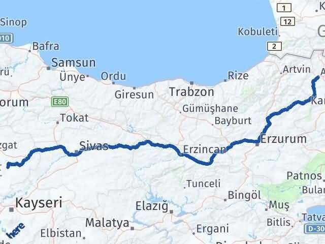 Ardahan Sarıkaya Yozgat Arası Kaç Km - Yol Haritası