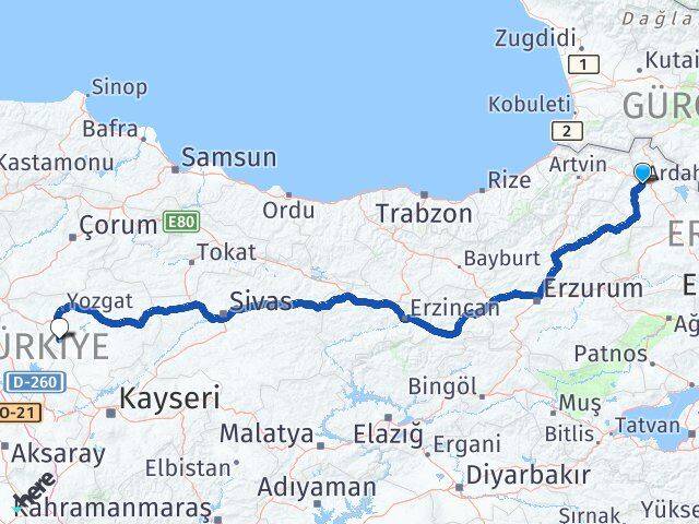 Ardahan Şefaatli Yozgat Arası Kaç Km - Yol Haritası