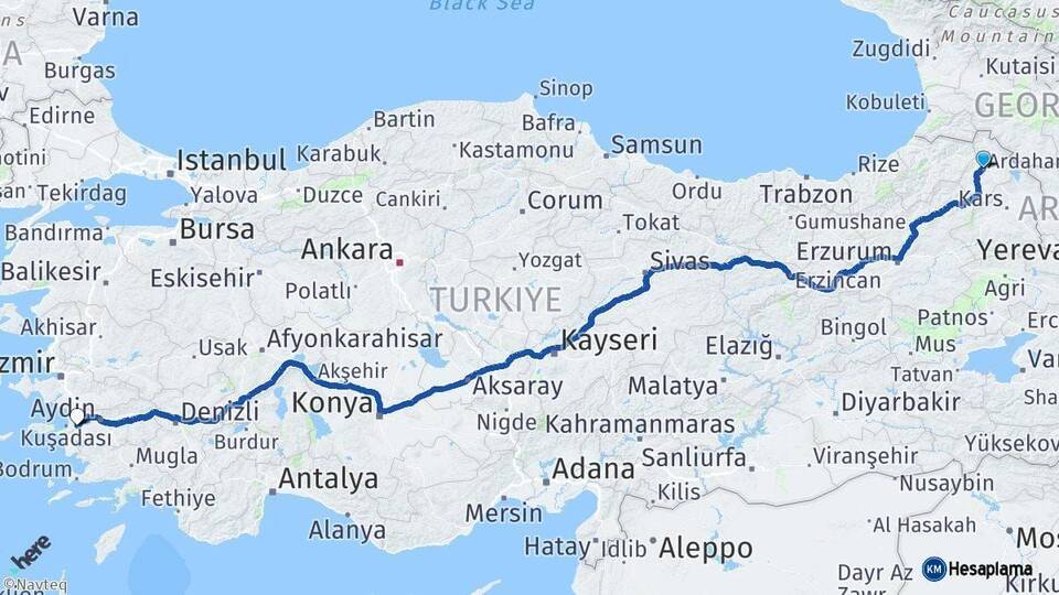 Ardahan Söke Aydın Arası Kaç Km - Yol Haritası