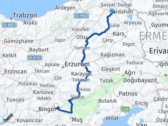 Ardahan Solhan Bingöl Arası Kaç Km - Yol Haritası