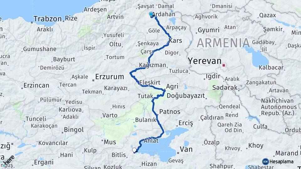 Ardahan Tatvan Bitlis Arası Kaç Km - Yol Haritası