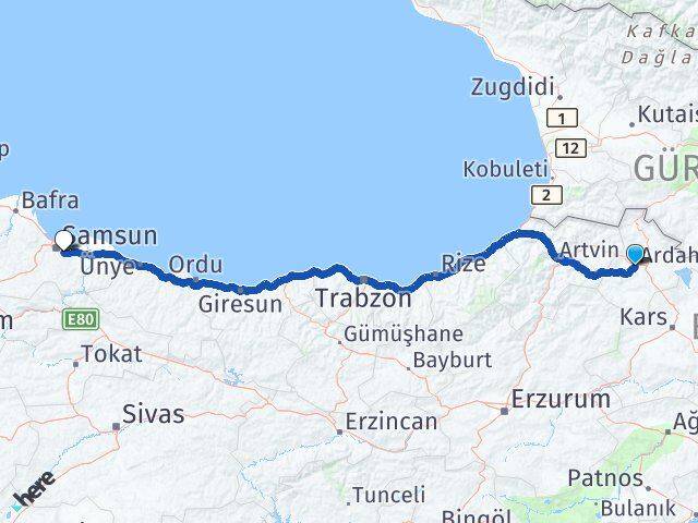 Ardahan Tekkeköy Samsun Arası Kaç Km - Yol Haritası
