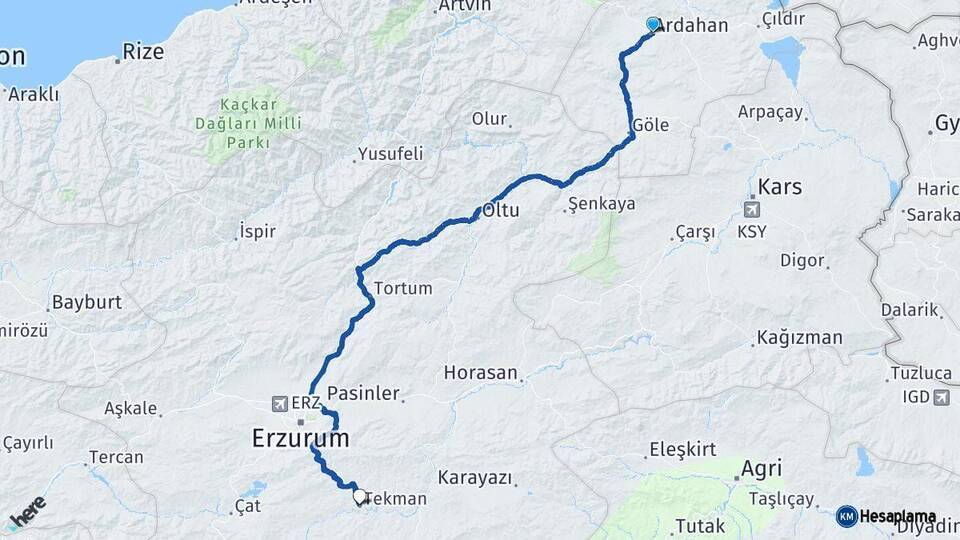 Ardahan Tekman Erzurum Arası Kaç Km - Yol Haritası