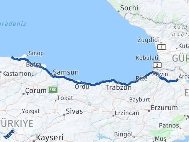 Ardahan Türkeli Sinop Arası Kaç Km - Yol Haritası