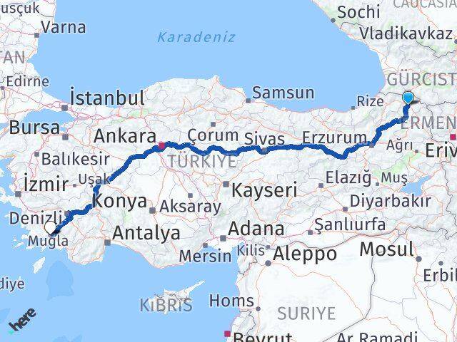 Ardahan Ula Muğla Arası Kaç Km - Yol Haritası