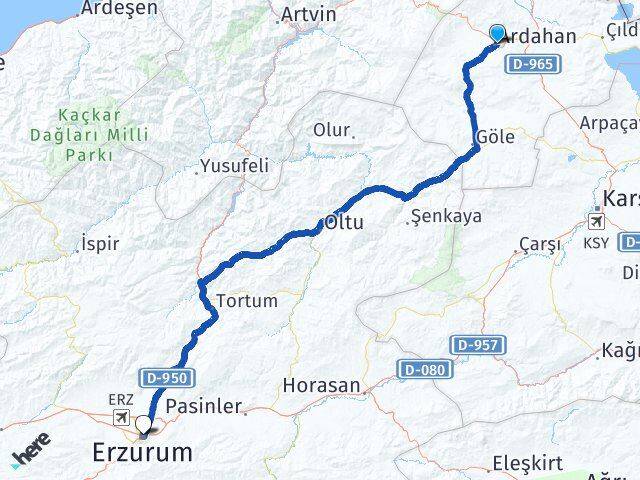 Ardahan Yakutiye Erzurum Arası Kaç Km - Yol Haritası