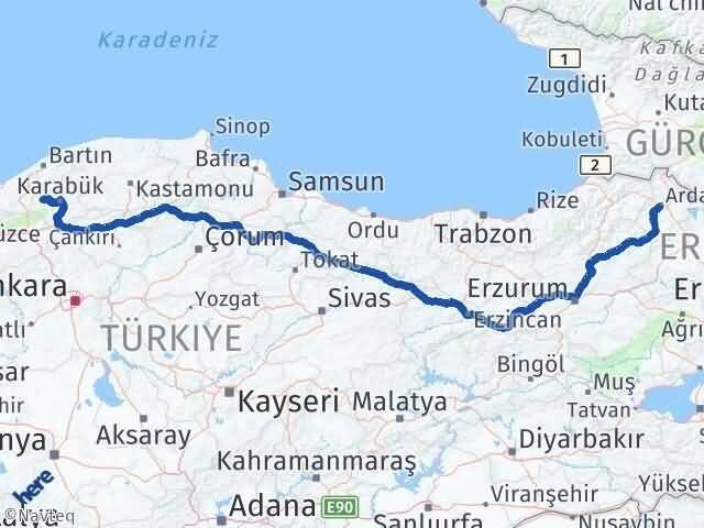 Ardahan Yenice Karabük Arası Kaç Km - Yol Haritası