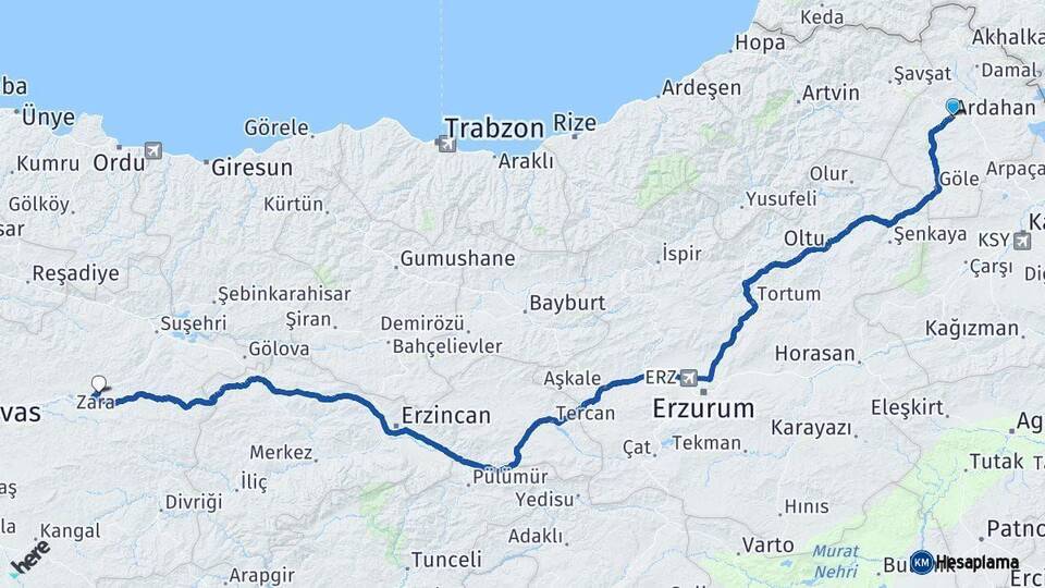 Ardahan Zara Sivas Arası Kaç Km - Yol Haritası
