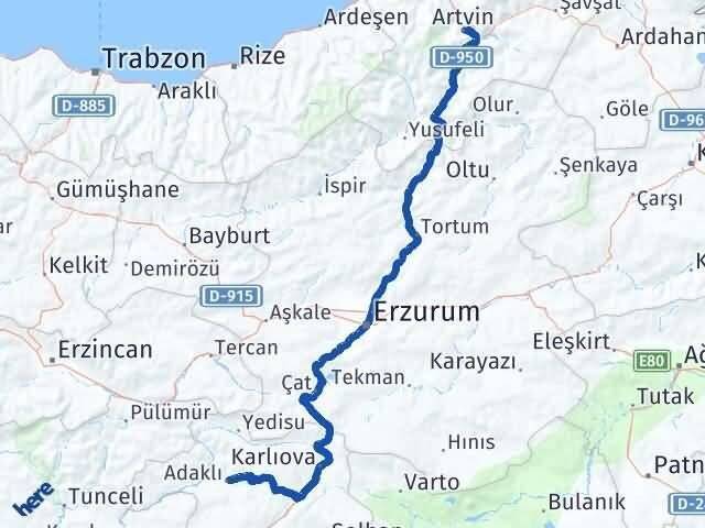 Artvin Adaklı Bingöl Arası Kaç Km - Yol Haritası