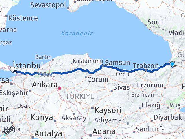 Artvin Adalar İstanbul Arası Kaç Km - Yol Haritası