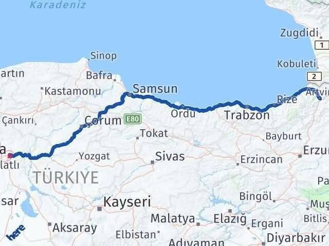 Artvin Altındağ Ankara Arası Kaç Km - Yol Haritası