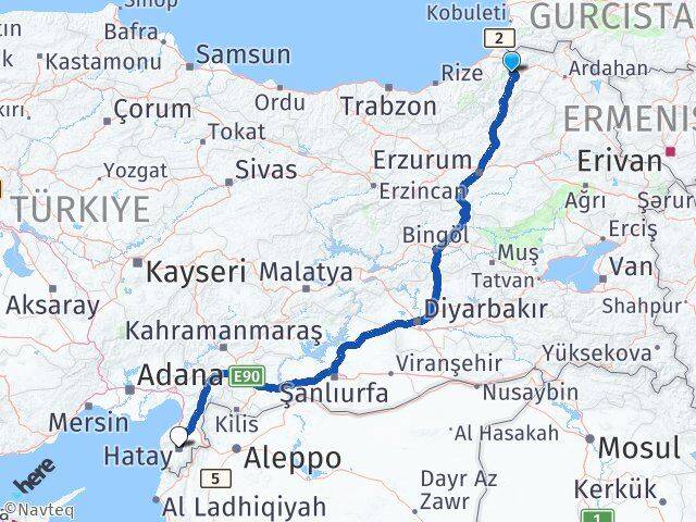 Artvin Antakya Hatay Arası Kaç Km - Yol Haritası