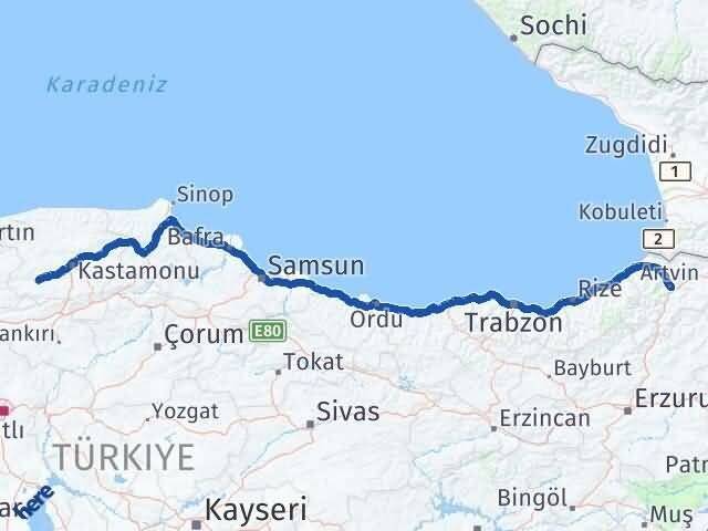 Artvin Araç Kastamonu Arası Kaç Km - Yol Haritası