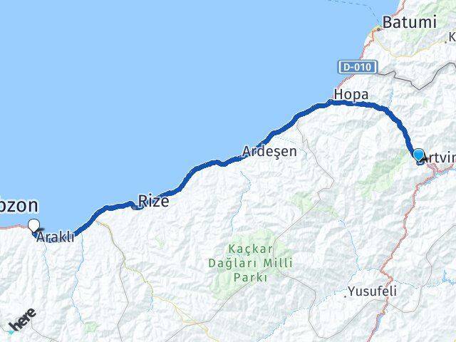 Artvin Araklı Trabzon Arası Kaç Km - Yol Haritası