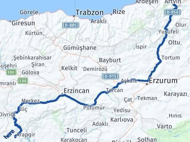 Artvin Arapgir Malatya Arası Kaç Km - Yol Haritası