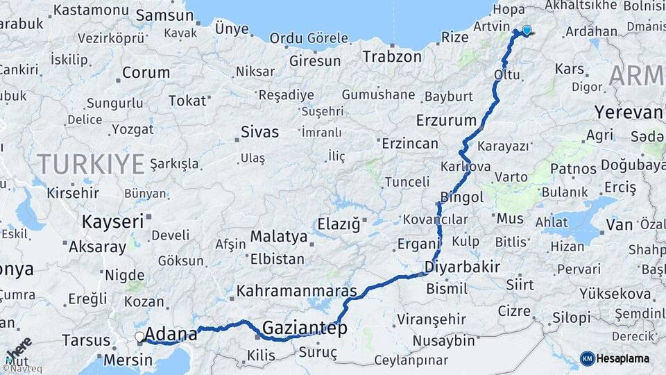 Artvin Ardanuç Adana Arası Kaç Km - Yol Haritası