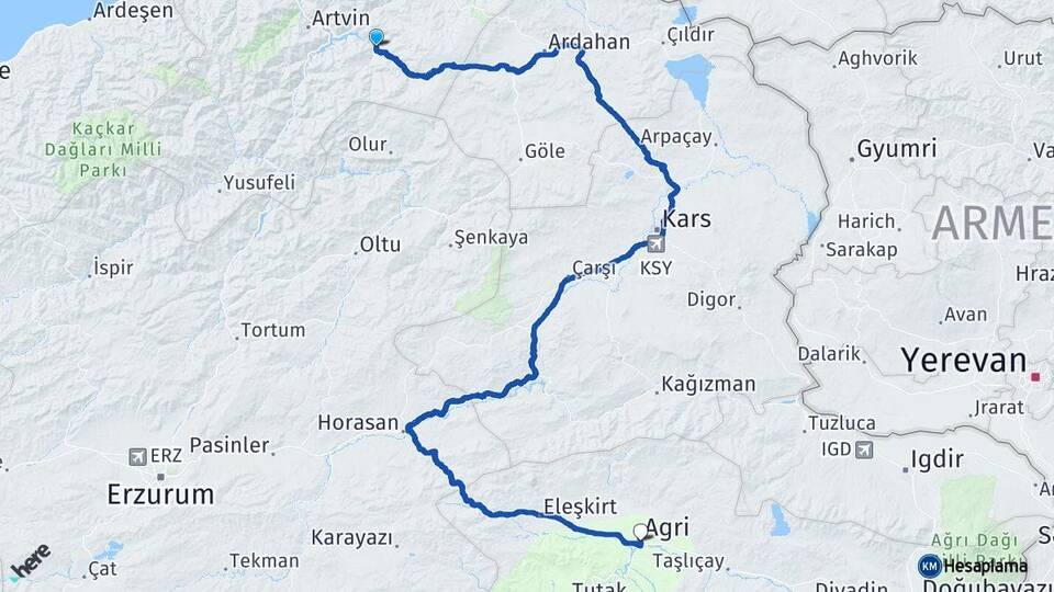 Artvin Ardanuç Ağrı Arası Kaç Km - Yol Haritası