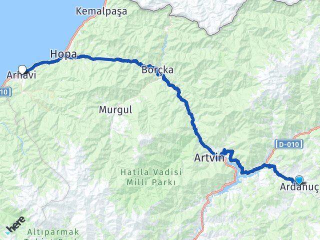 Artvin Ardanuç Arhavi Arası Kaç Km - Yol Haritası