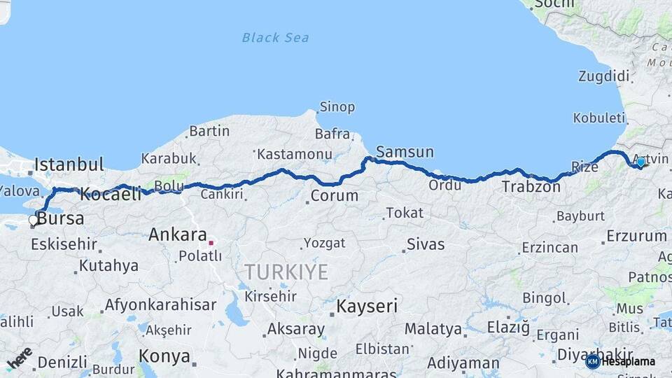 Artvin Ardanuç Bursa Arası Kaç Km - Yol Haritası