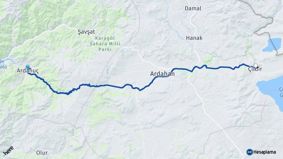 Artvin Ardanuç Çıldır Ardahan Arası Kaç Km - Yol Haritası