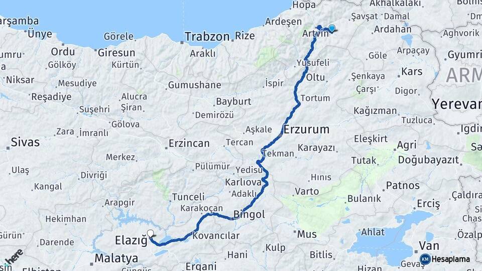 Artvin Ardanuç Elazığ Arası Kaç Km - Yol Haritası