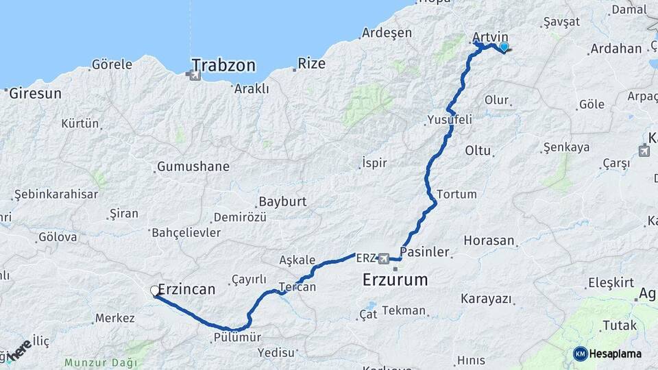 Artvin Ardanuç Erzincan Arası Kaç Km - Yol Haritası