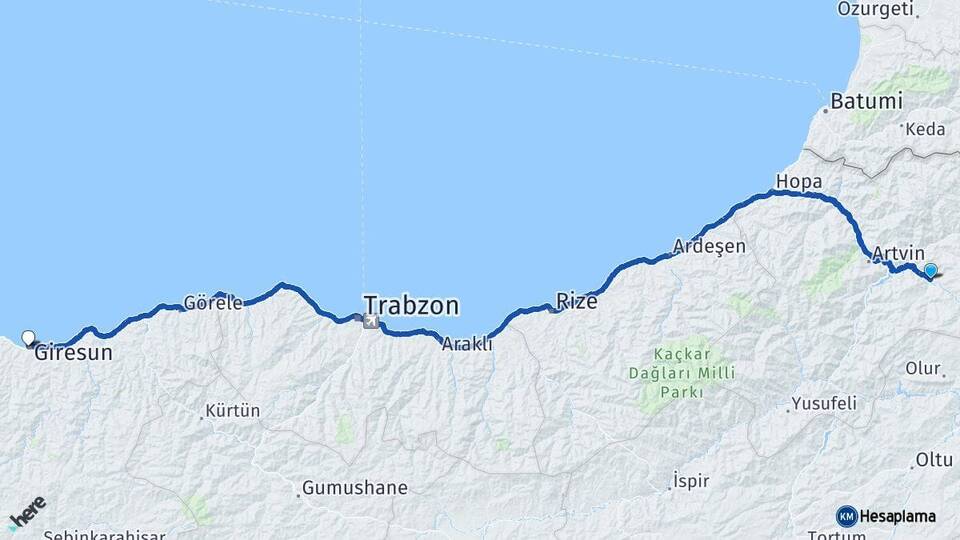 Artvin Ardanuç Giresun Arası Kaç Km - Yol Haritası