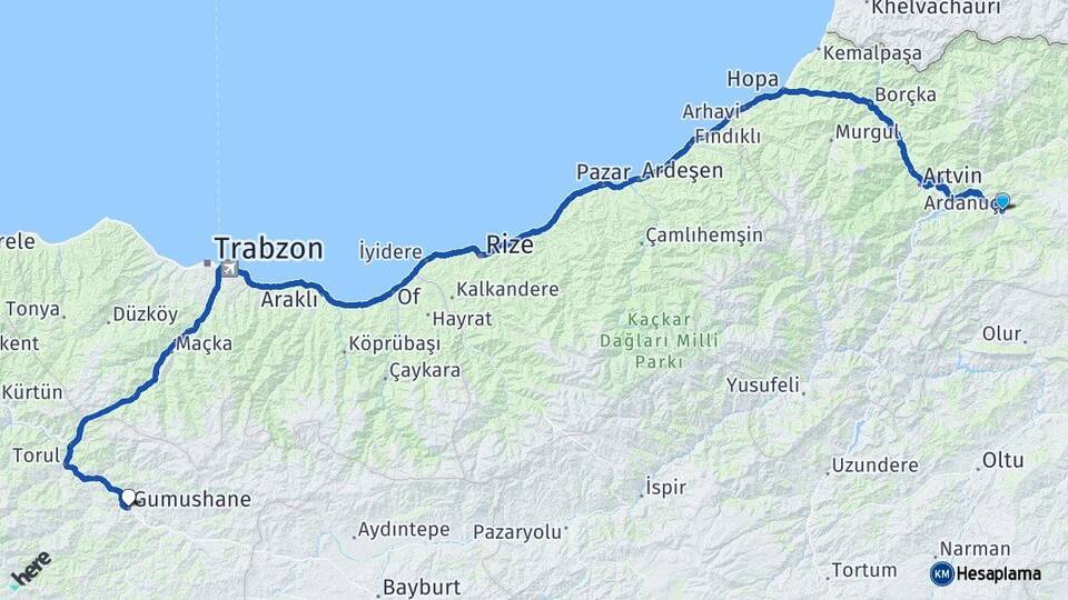 Artvin Ardanuç Gümüşhane Arası Kaç Km - Yol Haritası