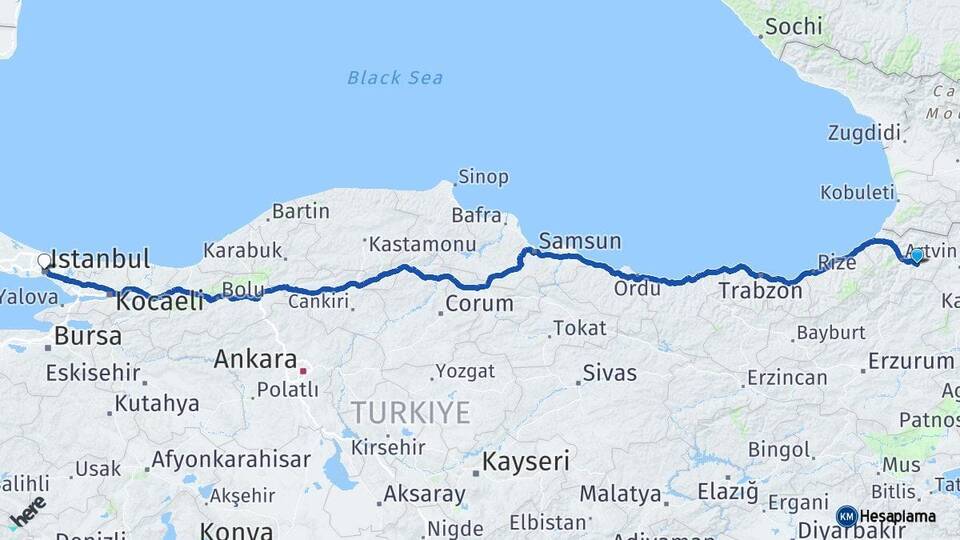 Artvin Ardanuç İstanbul Arası Kaç Km - Yol Haritası