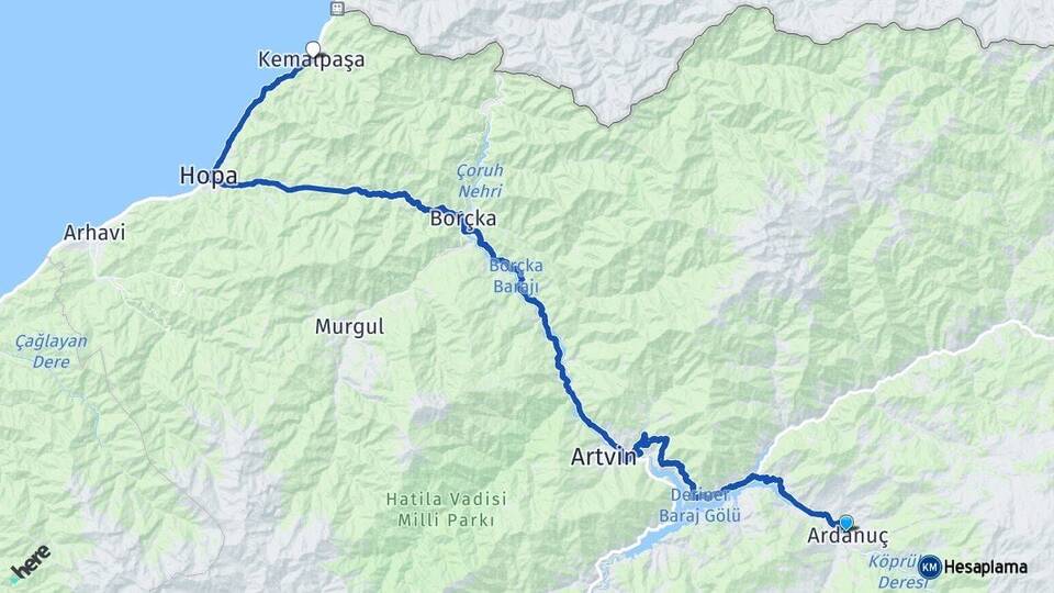 Artvin Ardanuç Kemalpaşa Arası Kaç Km - Yol Haritası