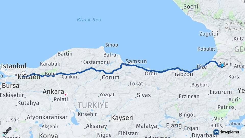 Artvin Ardanuç Sakarya Arası Kaç Km - Yol Haritası