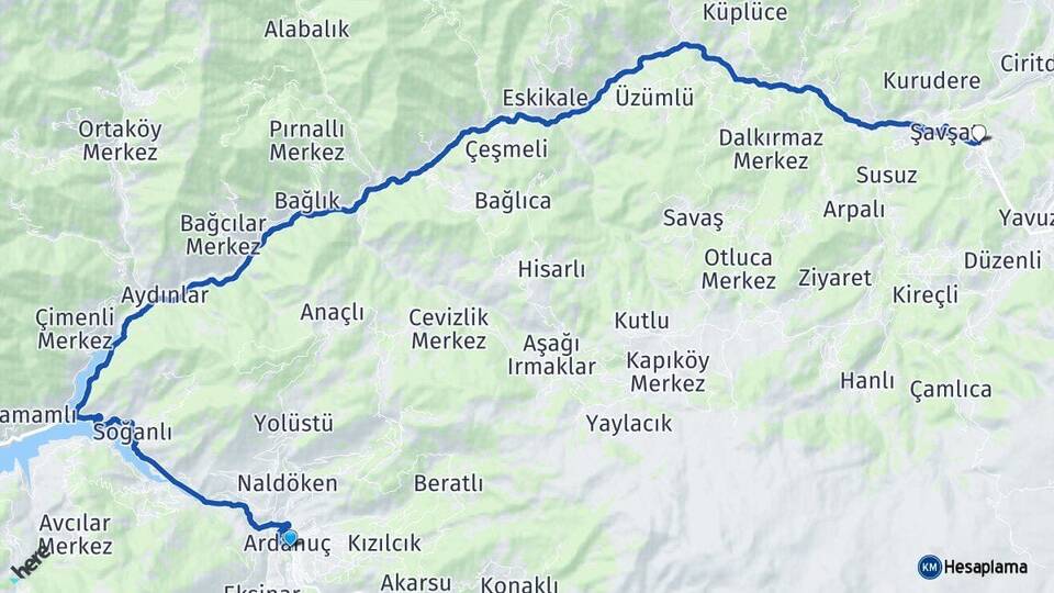 Artvin Ardanuç Şavşat Arası Kaç Km - Yol Haritası