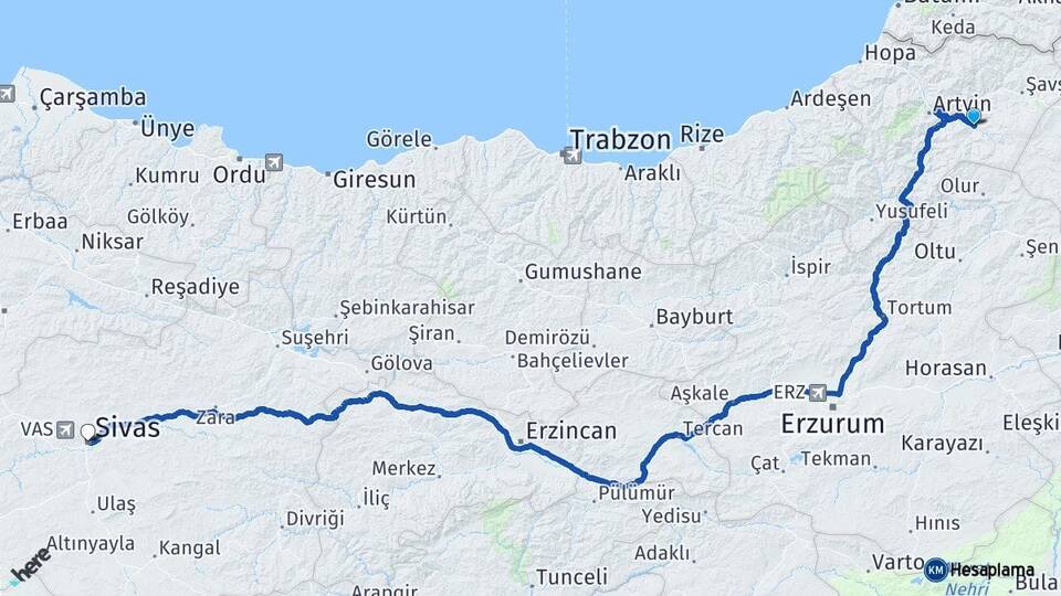 Artvin Ardanuç Sivas Arası Kaç Km - Yol Haritası