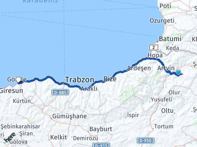 Artvin Ardanuç Tirebolu Giresun Arası Kaç Km - Yol Haritası