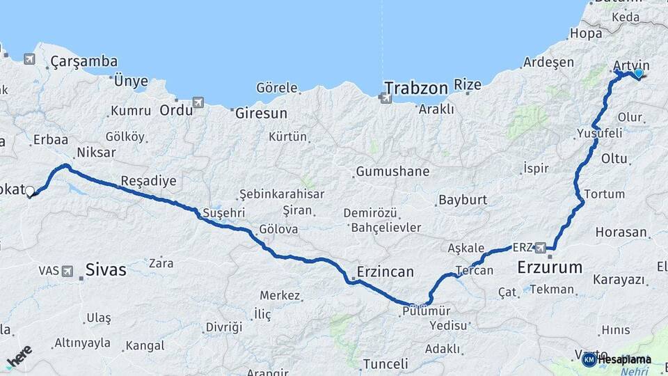 Artvin Ardanuç Tokat Arası Kaç Km - Yol Haritası