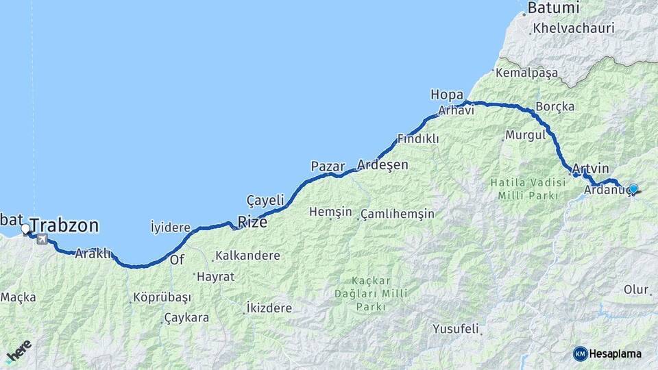 Artvin Ardanuç Trabzon Arası Kaç Km - Yol Haritası