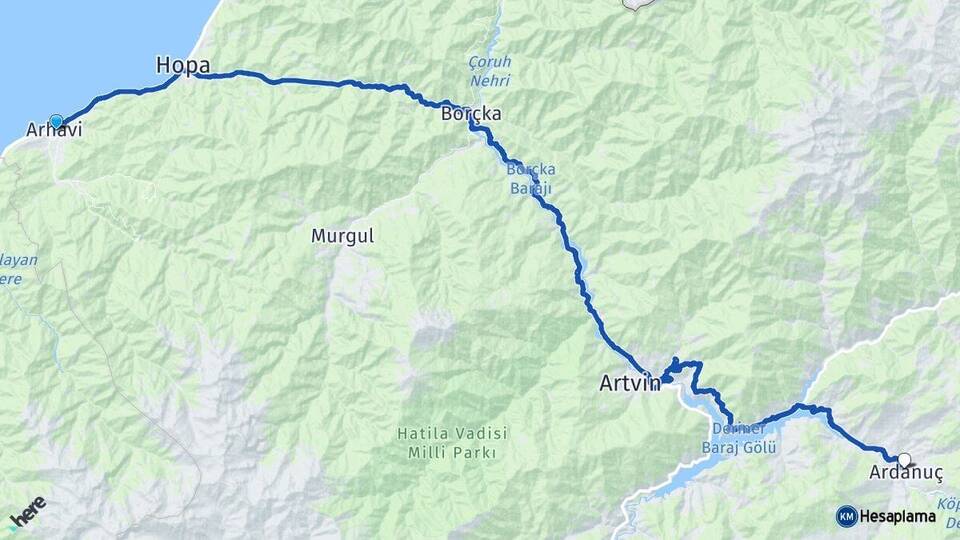 Artvin Arhavi Ardanuç Arası Kaç Km - Yol Haritası