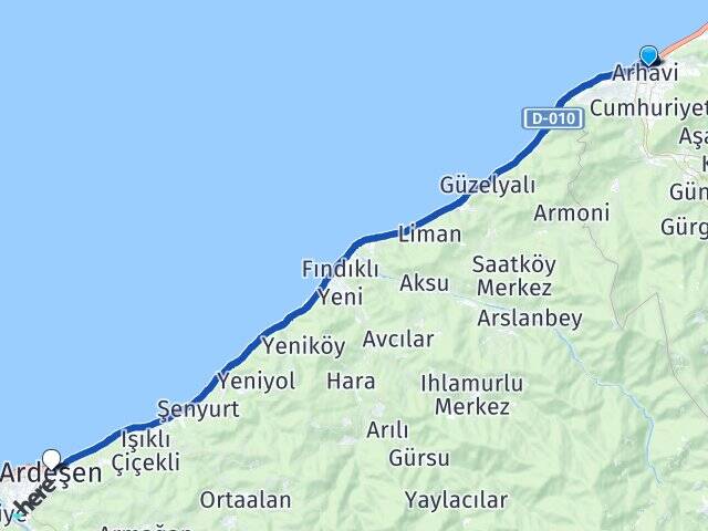 Artvin Arhavi Ardeşen Rize Arası Kaç Km - Yol Haritası