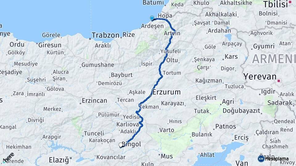 Artvin Arhavi Bingöl Arası Kaç Km - Yol Haritası